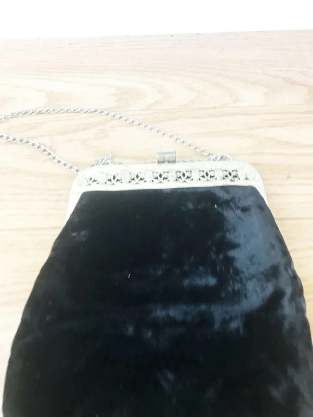 Vintage Black Velvet Evening Bag – Gold Filigree Frame & Silver Chain Strap